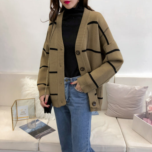 Harajuku sweater cardigan Plaid loose and versatile  4913
