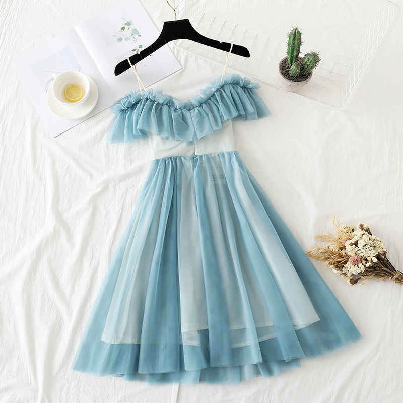 Xiaozhong Platycodon skirt Xiaoxian gauze Ruffle suspender skirt  4330