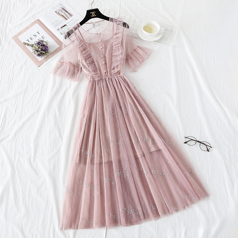 French minority Platycodon skirt foreign style mesh dress  4476