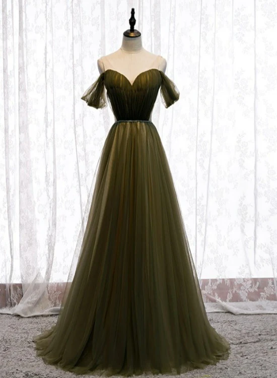 Schulterfreier Tüll-Schatz-bodenlanges langes Partykleid, A-Linie Hochzeitskleider Ballkleid gh19