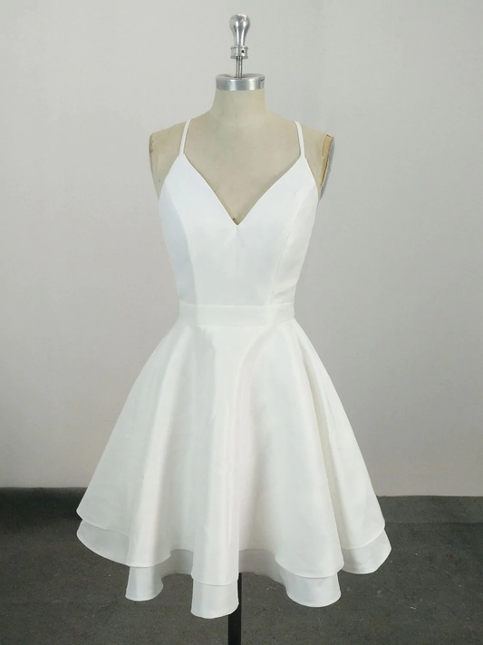 Robe de bal courte en satin blanc à col en V et dentelle, robes de soirée, robe de soirée blanche gh813