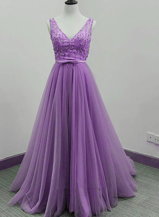 Wunderschönes, langes, hellviolettes Partykleid mit V-Ausschnitt, Abschlussballkleid gh413