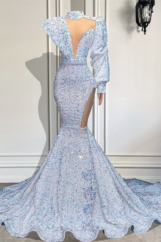 Hochgeschlossenes Meerjungfrau-Abschlussballkleid mit langen Ärmeln und Pailletten gh794