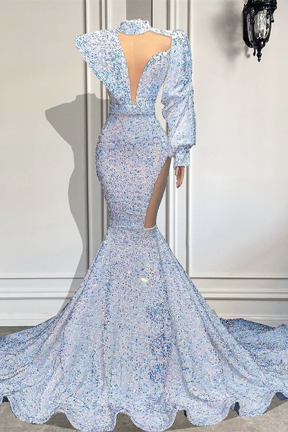 Hochgeschlossenes Meerjungfrau-Abschlussballkleid mit langen Ärmeln und Pailletten gh794