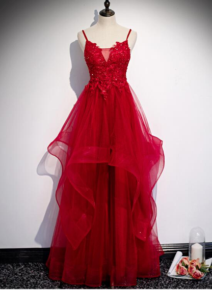 Rote Spitze Tüll mit geschichteten Trägern Modisches langes Partykleid, langes Abschlussballkleid gh277