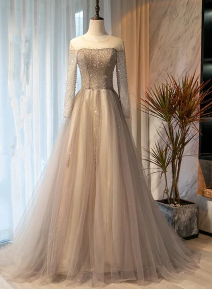 Hellgraue Perlen mit langen Ärmeln Modisches Tüll-Abendkleid, Tüll-Grau-Abschlussballkleid-Partykleid gh91