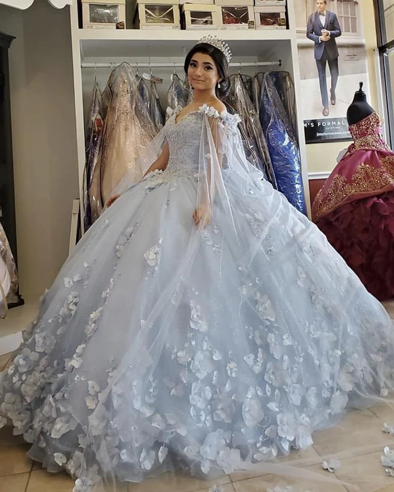 Hellblaues langes Ballkleid Abendkleid Quinceanera Kleid schulterfrei florale Pailletten Perlen flauschiges Party Prinzessin Sweet 16 Kleid gh976