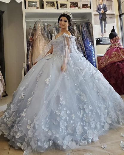 Hellblaues langes Ballkleid Abendkleid Quinceanera Kleid schulterfrei florale Pailletten Perlen flauschiges Party Prinzessin Sweet 16 Kleid gh976