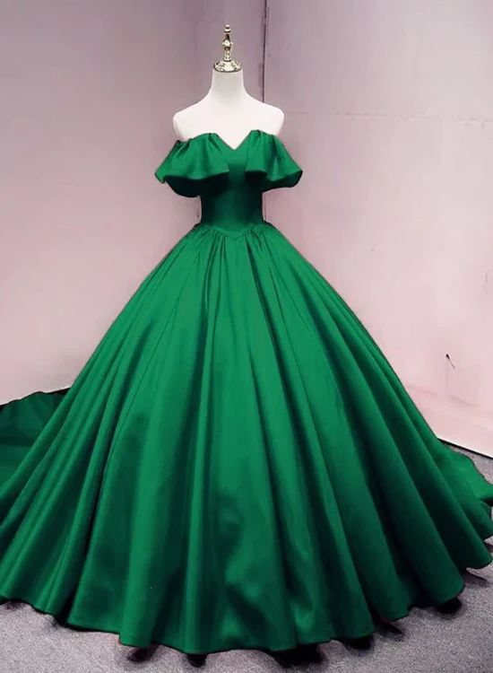 Grüner Schatz aus Satin, schulterfrei, Ballkleid, langes süßes 16-Kleid, grünes Quinceanera-Kleid gh66