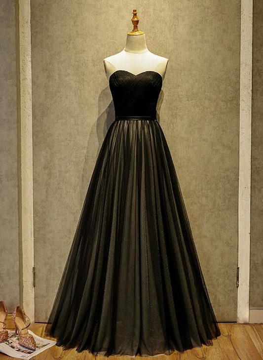 Robe de soirée longue en tulle simple noire à col en cœur, robe de soirée noire gh281