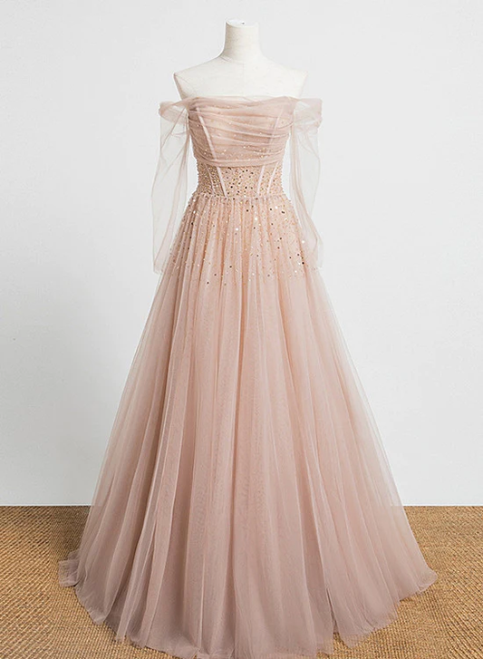 Robe de bal rose perle à épaules dénudées et manches longues à paillettes, robe de soirée trapèze, robe formelle gh228