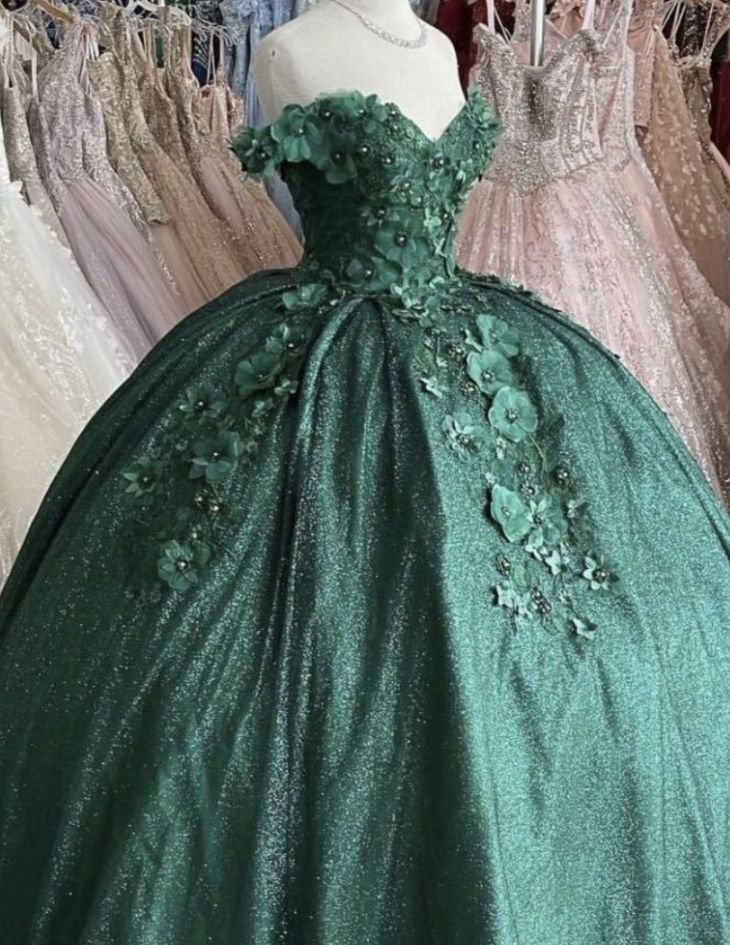 Schulterfreies, grünes Ballkleid mit Blumen Sweet 16 Dress gh919