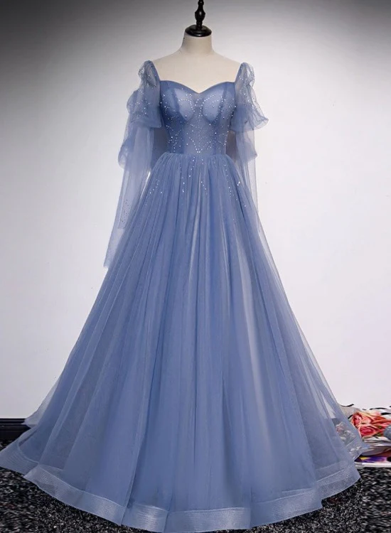 Blauer Tüll wulstiger Schatz einzigartiges langes Abschlussball-Kleid, blaues Abendkleid-formales Kleid gh103