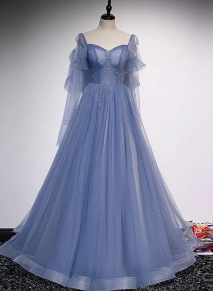 Blauer Tüll wulstiger Schatz einzigartiges langes Abschlussball-Kleid, blaues Abendkleid-formales Kleid gh103
