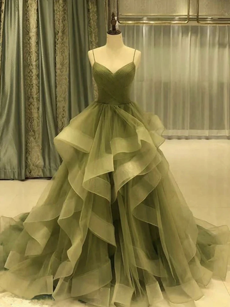 Green/blue long shiny elegant spaghetti straps long ruffled organza ball gown evening dress quinceanera dress gh903