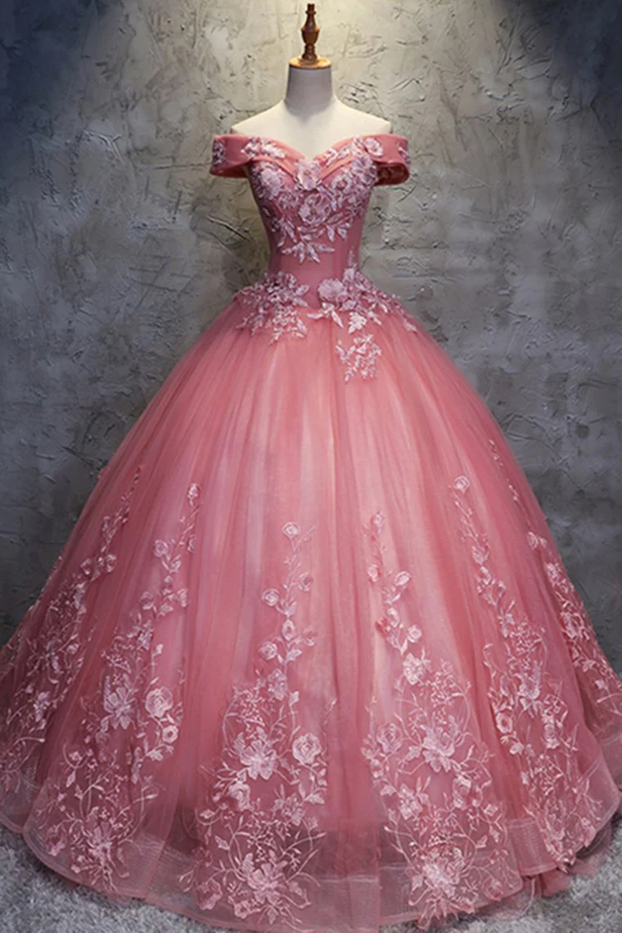 Weg von den Schulter-langen Ballkleid-Spitze-Prinzessin-Abschlussball-Kleidern Quinceanera-Kleidern gh927