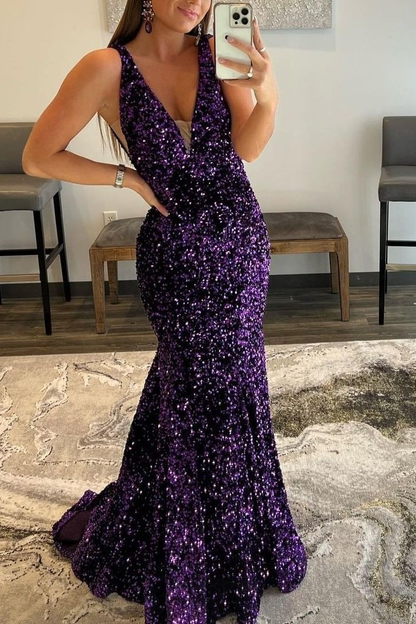 Lila V-Ausschnitt, langes Meerjungfrau-Abschlussballkleid mit Pailletten gh748