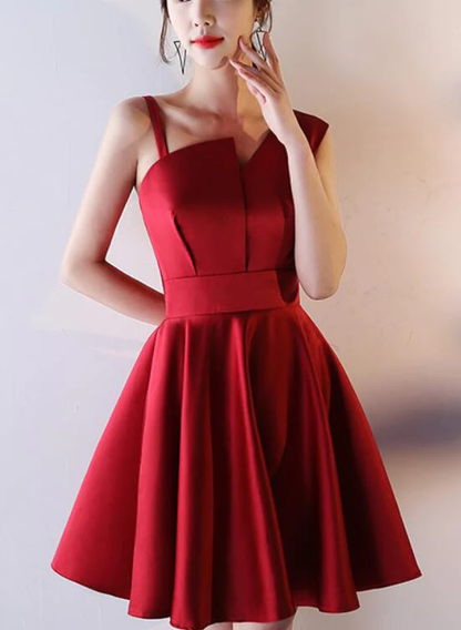 Schönes dunkelrotes One-Shoulder-Mini-Partykleid aus Satin, weinrotes Heimkehrkleid gh424