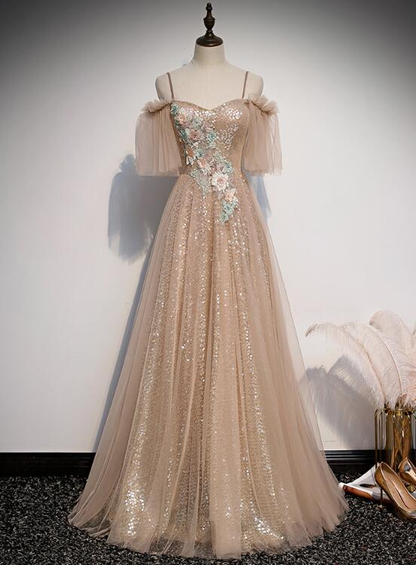 Charmante robe de soirée longue en tulle et paillettes champagne, robe de bal trapèze gh319