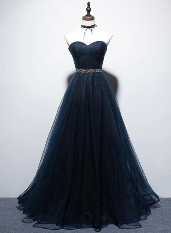 Wunderschönes marineblaues A-Linien-Abschlussballkleid, langes Partykleid aus Tüll gh318
