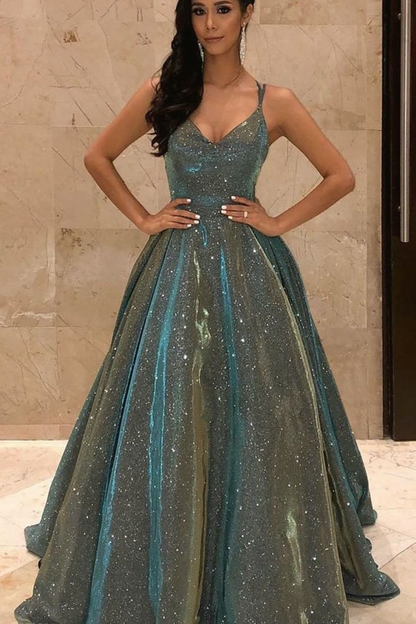 Shinning Spaghetti-Straps V-Neck Sequins Prom Dress Long Sleeveless gh753