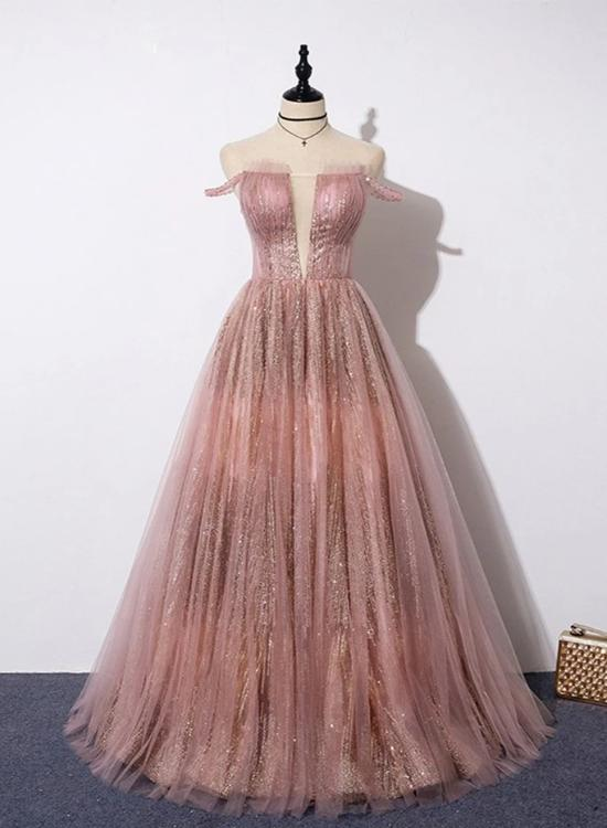 Einzigartige rosa Pailletten Tüll schulterfrei langes Abschlussballkleid in benutzerdefinierter Größe gh329