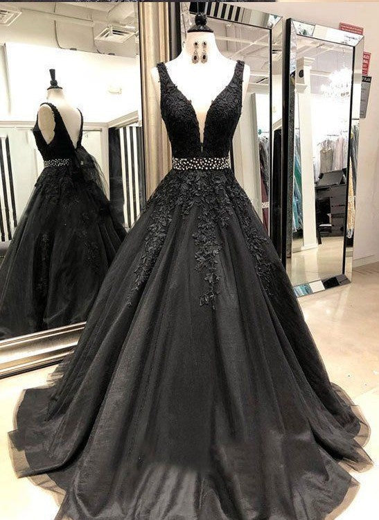 Sexy schwarzes Tüll-Spitze-wulstiges langes Abendkleid mit V-Ausschnitt, schwarzes Abendkleid Abendgarderobe gh928