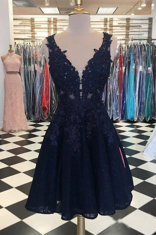 Robe de soirée en dentelle bleu marine foncé avec col en V et appliques, robe de bal courte bon marché gh818