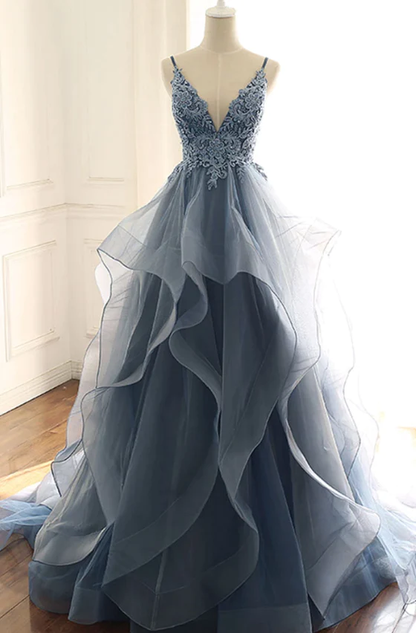 Blaues langes Ballkleid aus Tüll mit V-Ausschnitt, Abendkleid gh970