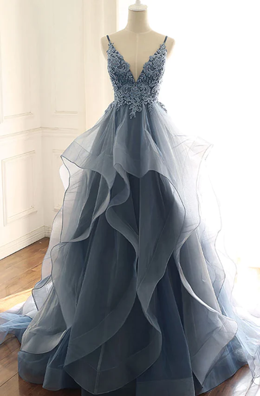Blue v neck lace tulle long prom dress, evening dress gh970