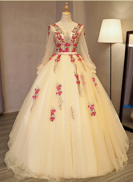 Schönes hellgelbes Quinceanera-Kleid mit langen Ärmeln, Ballkleid-Bonbon-16-Kleid gh287