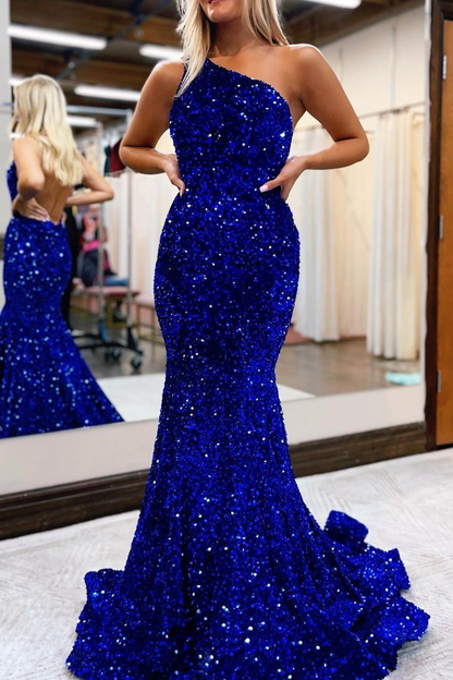Königsblaues One-Shoulder-Meerjungfrau-Abschlussballkleid mit Pailletten gh751