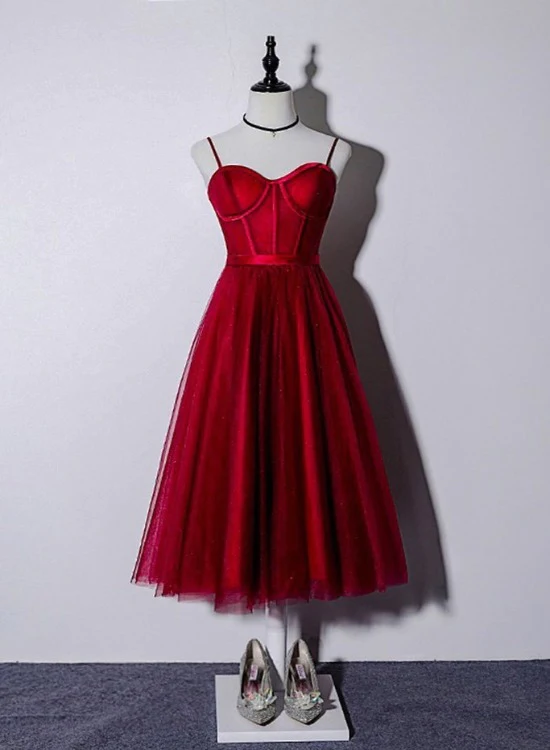 Schönes dunkelrotes Kleid mit Trägern in Teelänge für Hochzeiten, Heimkehrkleid gh296