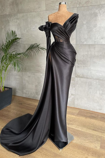Schwarzes Meerjungfrau-Abschlussballkleid mit langen Ärmeln gh675