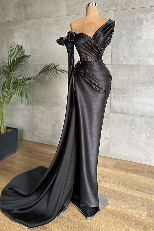 Schwarzes Meerjungfrau-Abschlussballkleid mit langen Ärmeln gh675