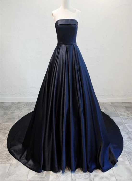 Robe de soirée longue en satin bleu marine, élégante robe de soirée bleu foncé gh134