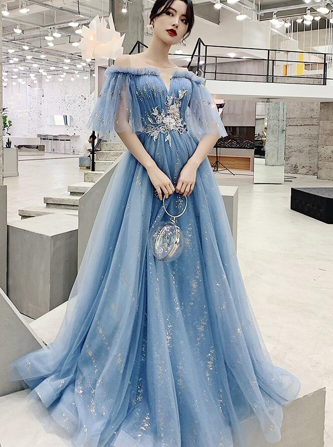 Robe de soirée en tulle bleu clair à épaules dénudées avec dentelle blanche, robe de soirée bleue gh32