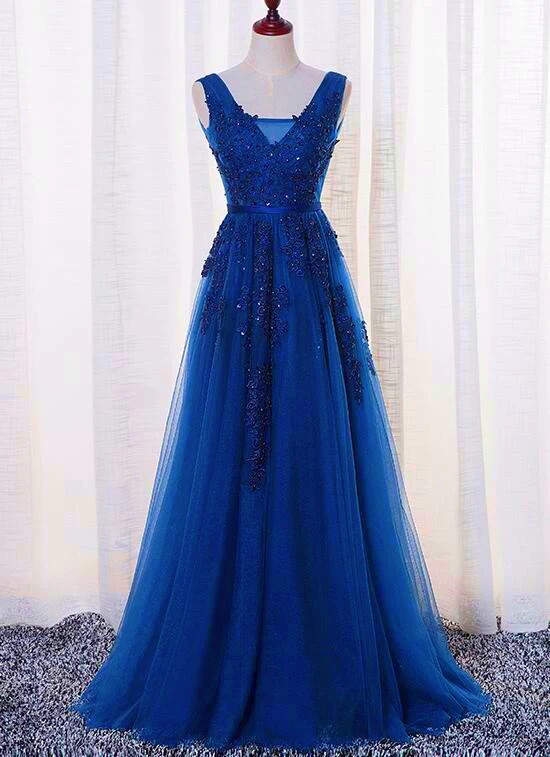 Elegantes langes Partykleid mit blauer Spitzenapplikation, blaues Ballkleid gh381