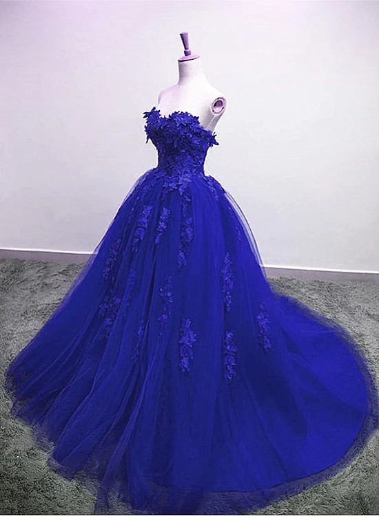 Königsblaues trägerloses Ballkleid aus langem Ballkleid aus Tüll, blaues Partykleid gh118