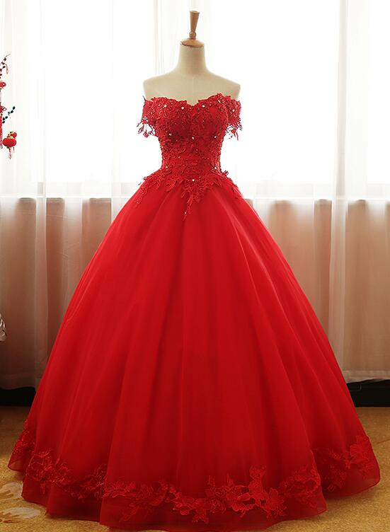 Rotes, schulterfreies, langes Partykleid, A-Linie Tüll-Abendkleid, formelles Kleid gh102