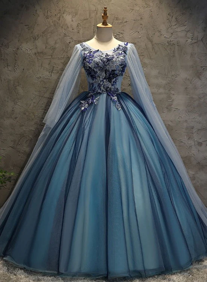 Blaues Tüll-Ballkleid-langes Bonbon-16-Kleid mit Spitzenapplikationen, Abschlussball-Kleid gh251