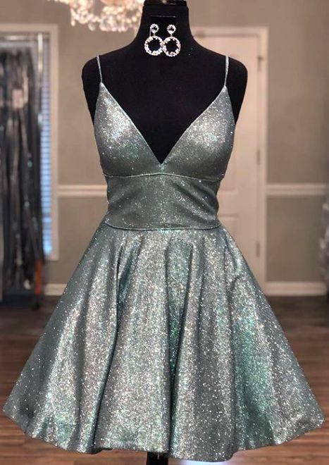 Robe de soirée courte à bretelles spaghetti et col en V gh824