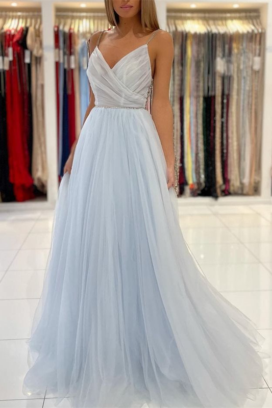 Hellhimmelblau Spaghetti-Träger Tüll Langes Ballkleid mit Perlen gh660