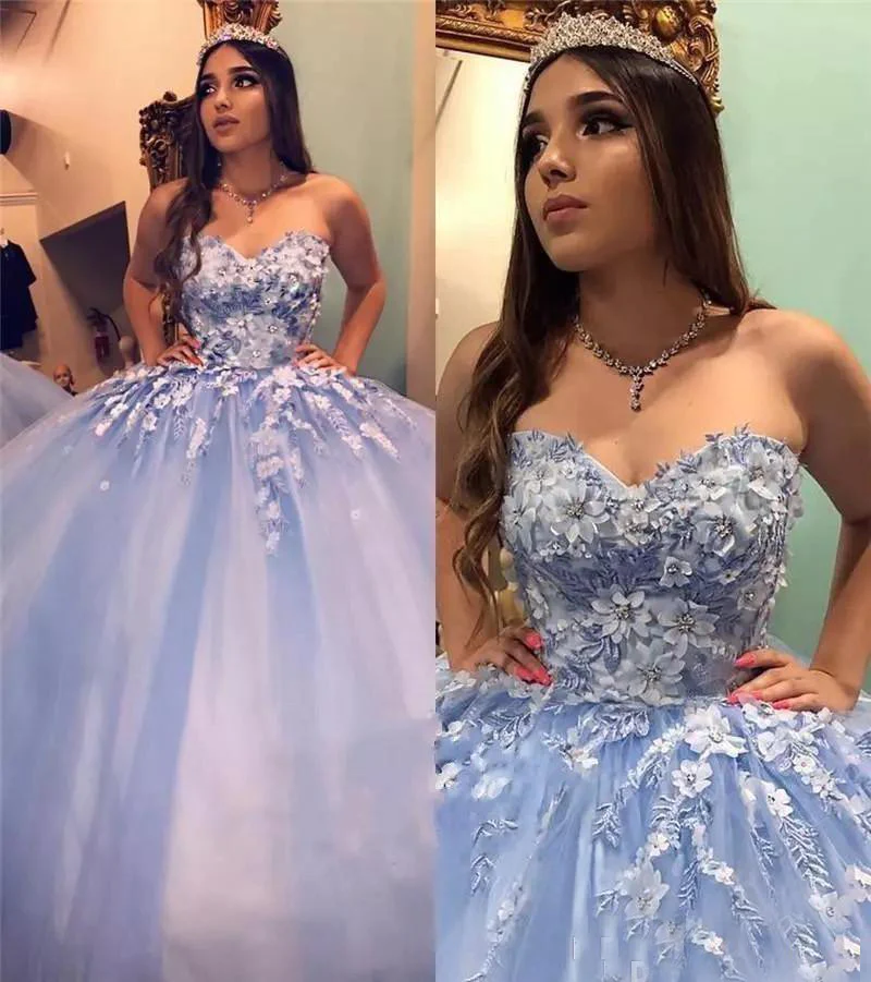 Abschlussball-Kleid-neue blaue Quinceanera-Kleider Ballkleid-Schatz-SpitzeAppliques Kristall wulstige 3D-Blumenblumen-Bonbon-16-Partei-Abschlussball-Kleid-Abend-Kleider gh953