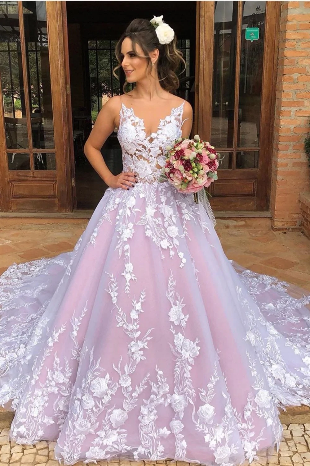 Weiße Spitze mit V-Ausschnitt, langes Ballkleid, langes, weißes, formelles Spitzen-Abendkleid, Spitzen-Hochzeitskleid gh991