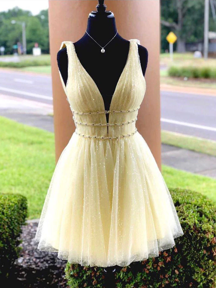 ROBE DE BAL COURTE EN TULLE JAUNE. ROBE DE RETOUR À LA MAISON JAUNE gh806