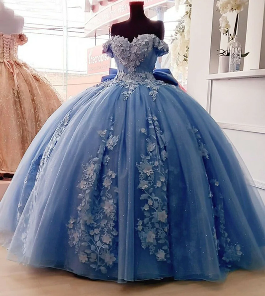 Wunderschönes, exquisites, trägerloses, langes Ballkleid mit Blumenapplikationen in Blau, Abendkleid, Quinceanera-Kleid, süßes Kleid für 16 Jahre, gh930