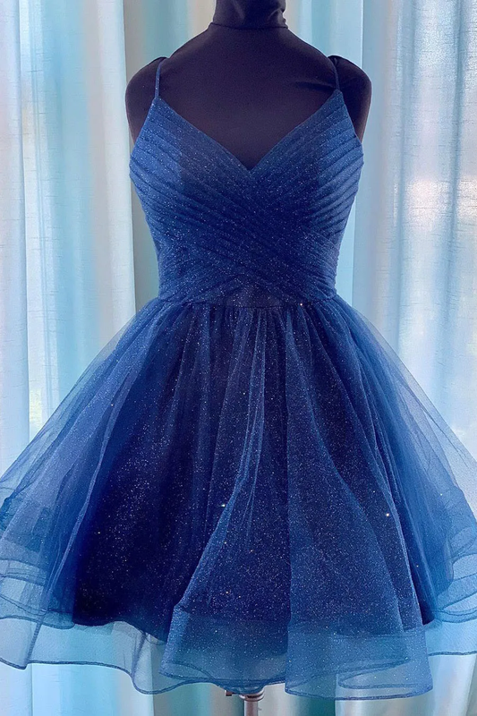 Robe de soirée courte plissée bleu marine coupe A gh804