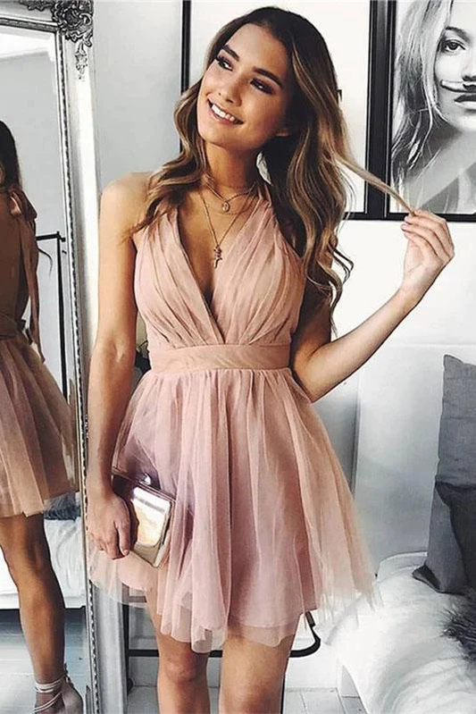 Robe de bal courte en tulle rose à volants et col en V au-dessus du genou, robe de soirée gh820