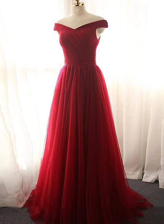 Dunkelrotes langes A-Linien-Abschlussballkleid aus Tüll, wunderschönes Abschlussballkleid gh441